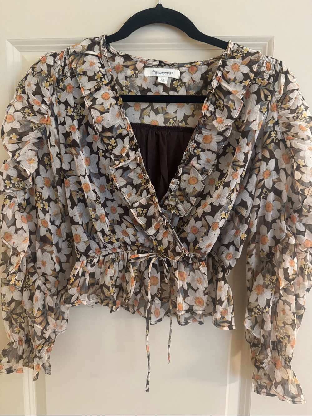 Francesca's Collections Brown Multi Floral Ruffle Wrap Blouse
